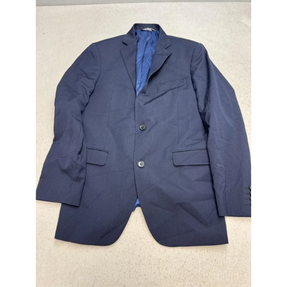 Saks Fifth Avenue Blazer Mens 38 Blue Wool Trim Fit Pinstripe Suit Jacket